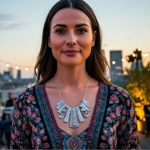 Boho trapezoid shape necklace w/quality alloy base, silver finish,artisan theme